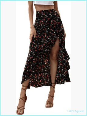 Boho Floral High Waist Maxi Skirt with Ruffle Trim Thigh Split Asymmetrical Hem